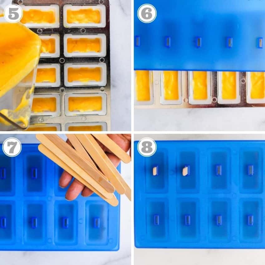 steps five through eight showing pouring mango lassi into molds and freezing