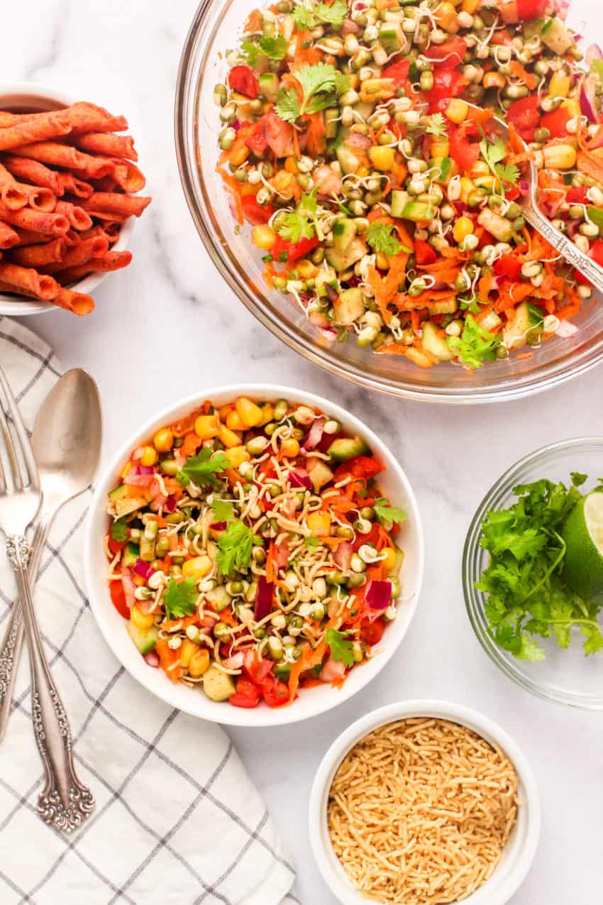 mung bean salad topped with sev