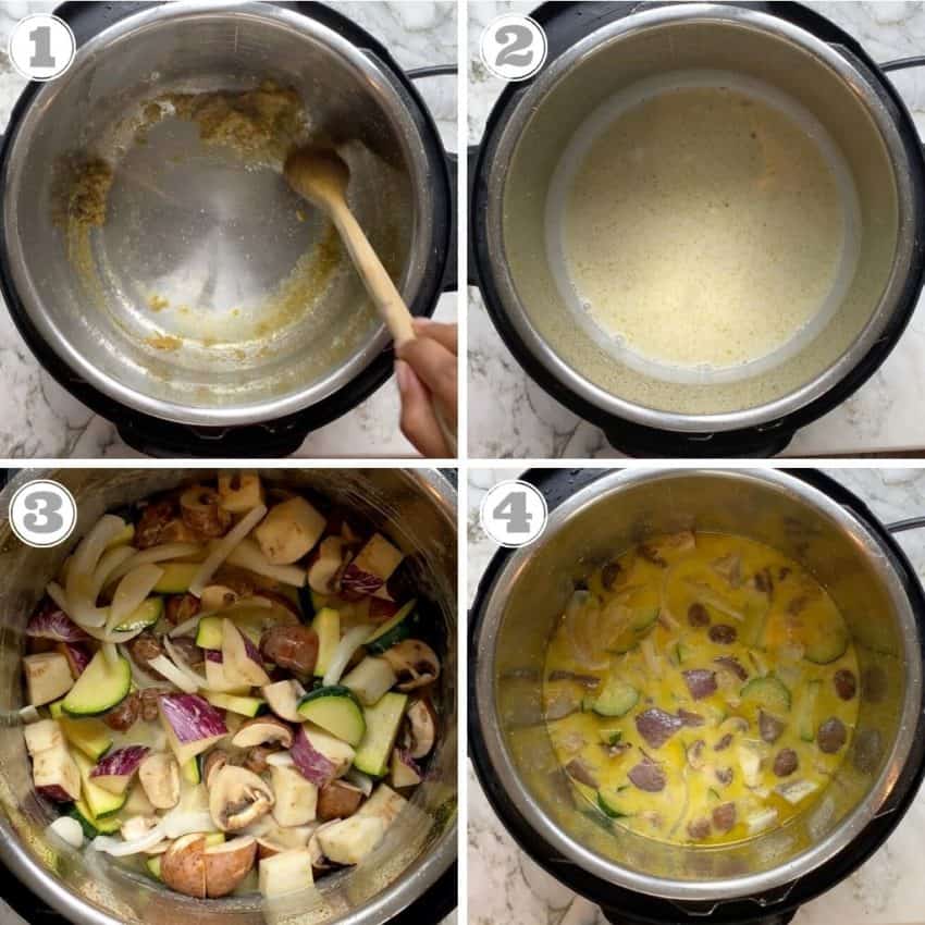 steps one through four of making Thai Green curry in the instant pot