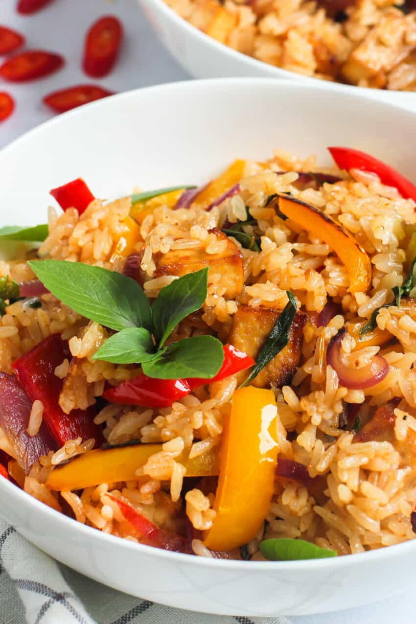 A bowl of Thai basil fried rice 