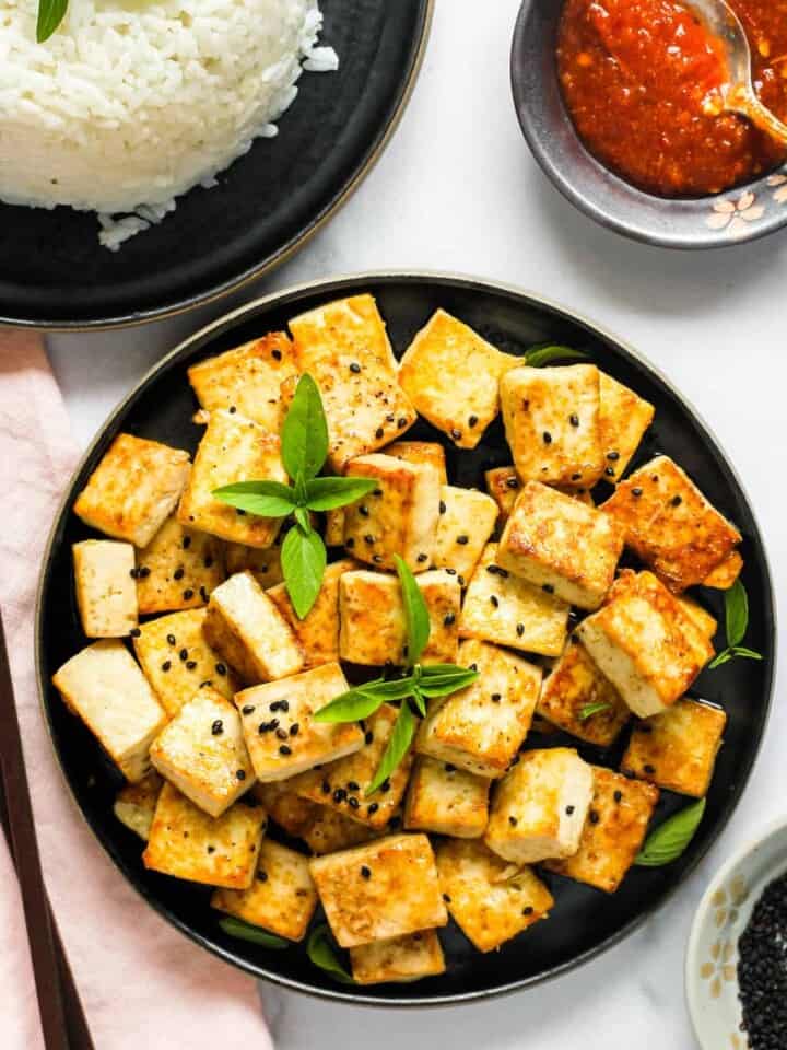 Tofu served with rice and hot sauce