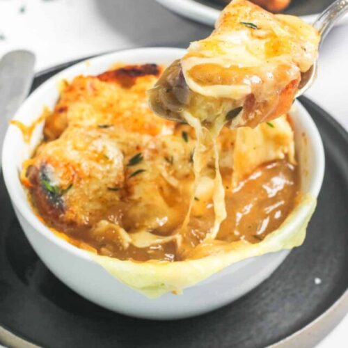 french onion soup in a white bowl