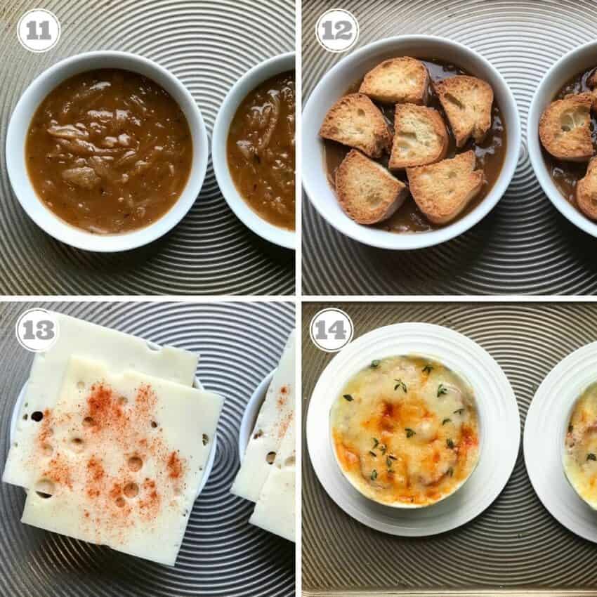 steps eleven through fourteen showing how to serve french onion soup 