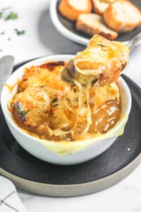 french onion soup in a white bowl