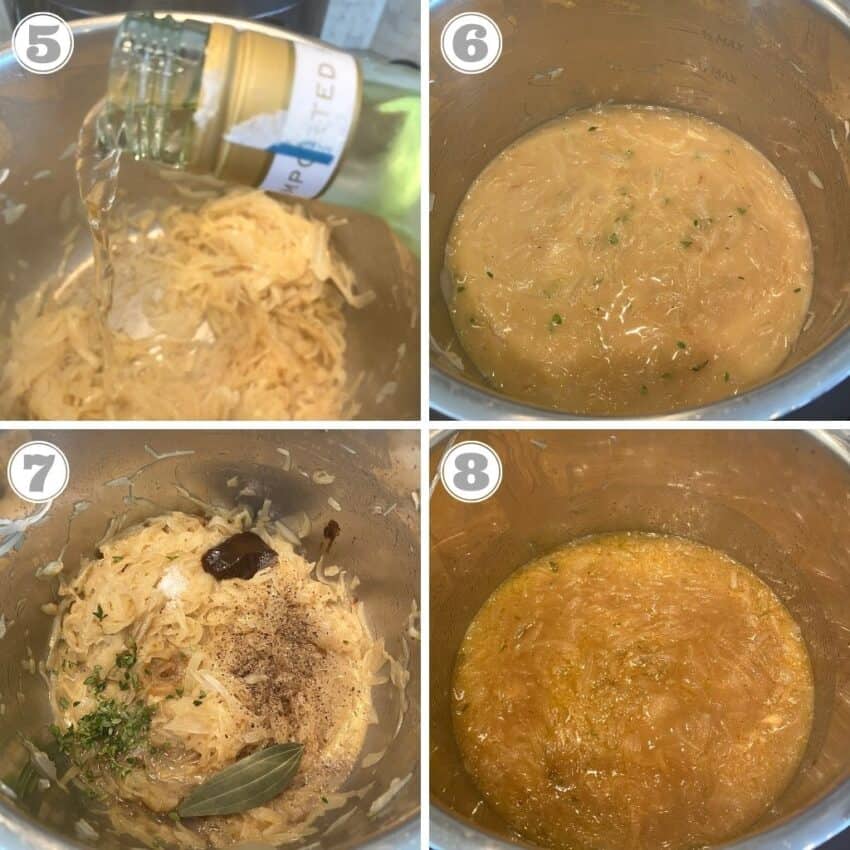 steps five through eight of making french onion soup