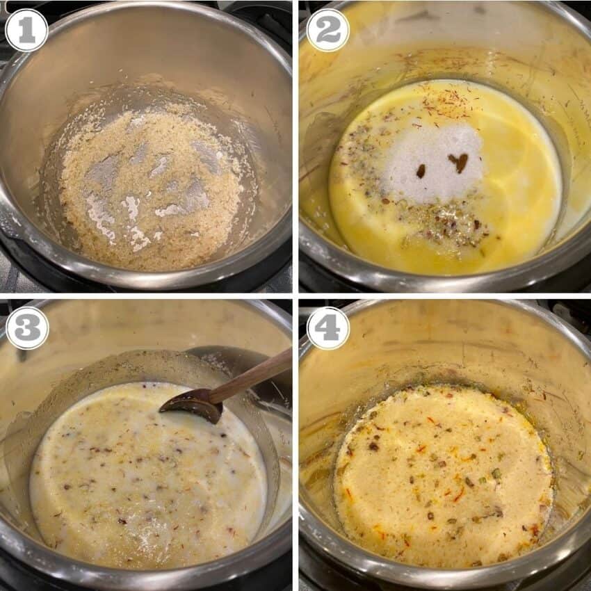 Steps one through four of making rice kheer