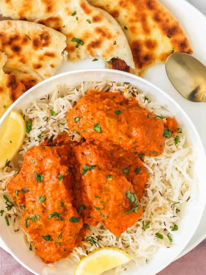salmon tikka masala served over rice