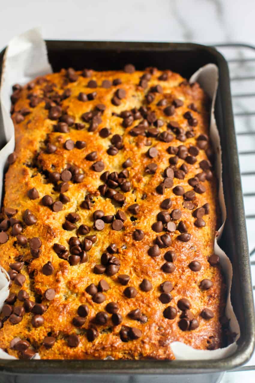 chocolate chip banana bread in a loaf pan 