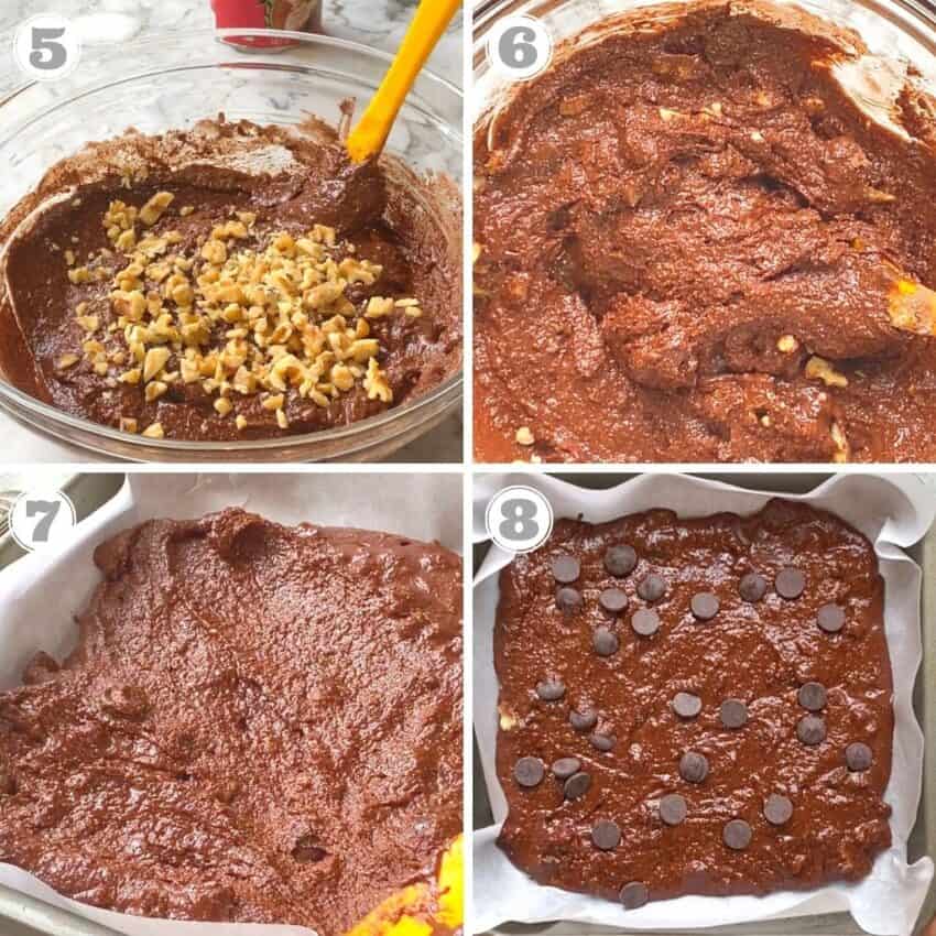 Pouring almond flour brownie batter into a baking dish and baking it. 