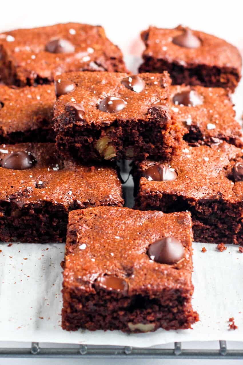 A stack of almond flour brownies 