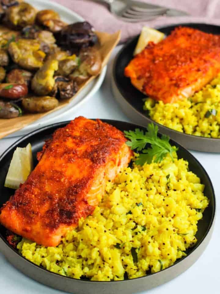 tandoori salmon over cauliflower rice