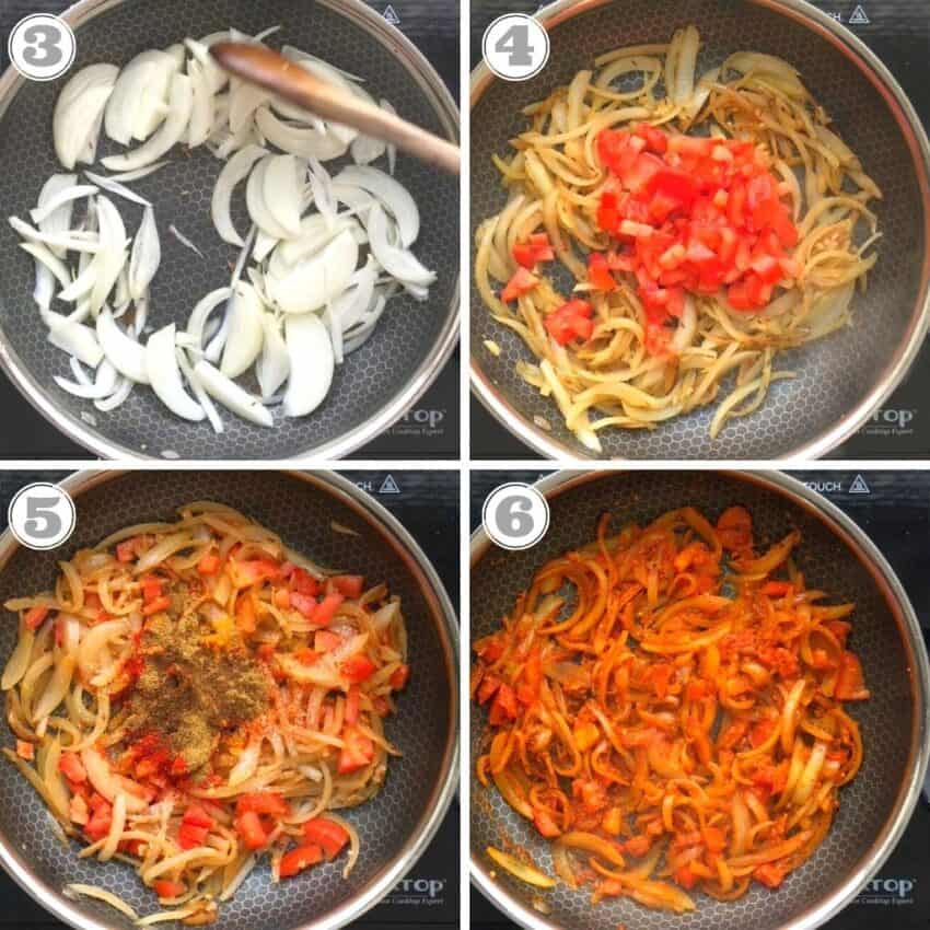 photos three through six showing onions and tomatoes being sauteed with spices 
