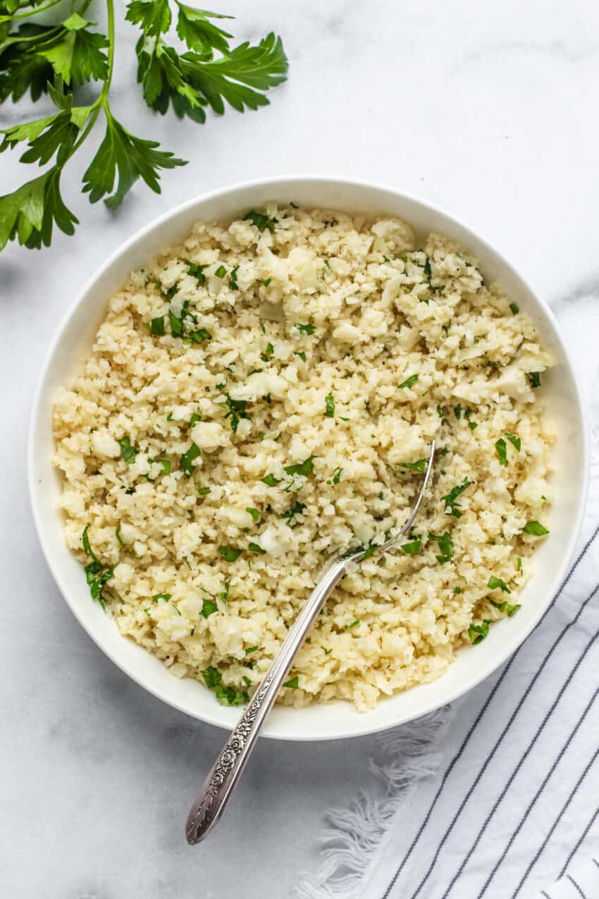 cauliflower rice in a bowl 