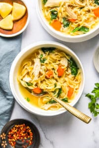2 bowls of chicken noodle soup with kale
