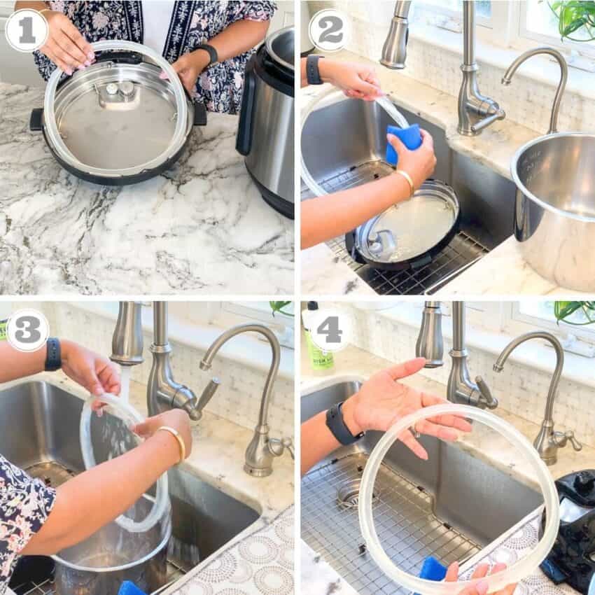 photos one through four showing how  to clean Instant Pot sealing ring by hand 