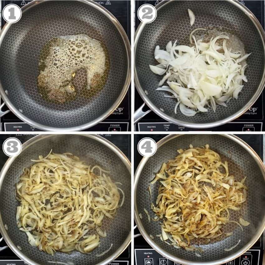 photos one though four showing sautéing onions with cumin and ghee 