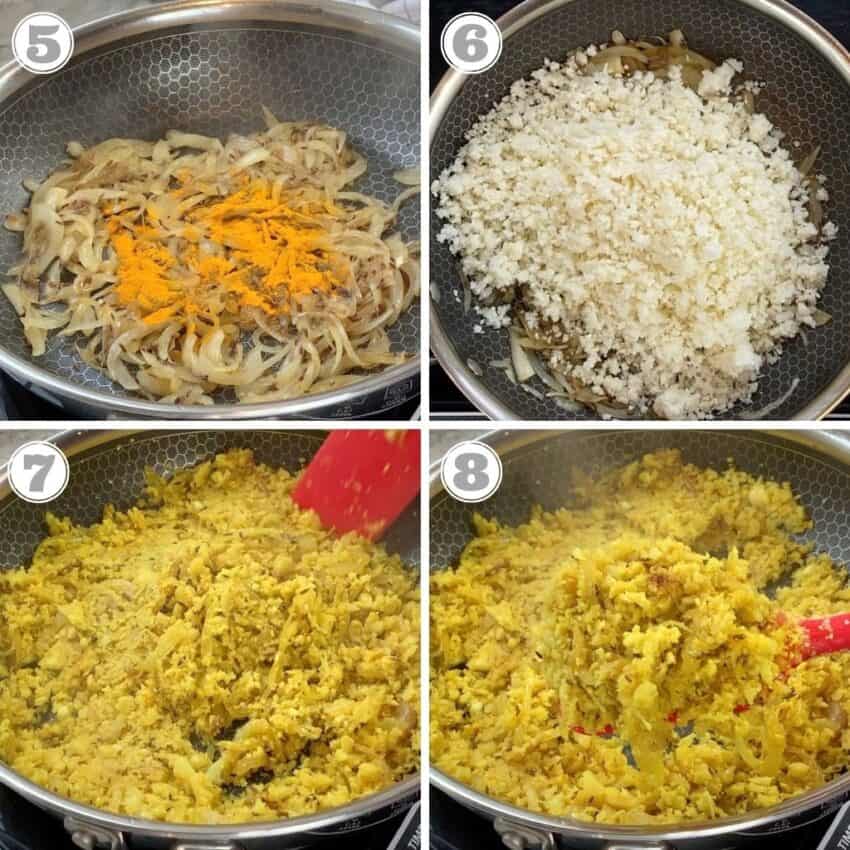 photos five through eight showing cauliflower rice in a skillet 