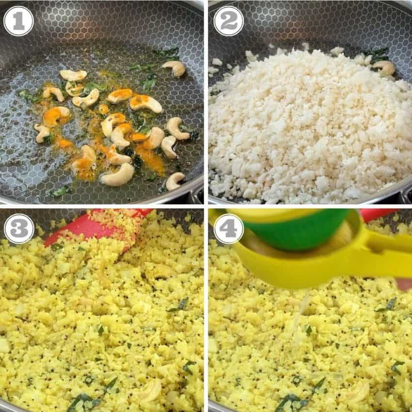 Steps one through four of cauliflower rice 