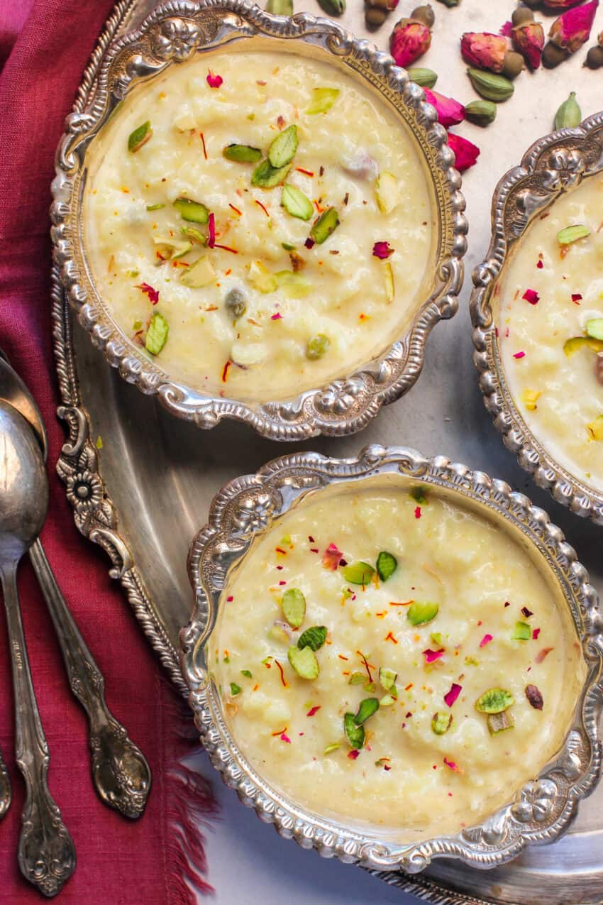 rice kheer in silver bowls