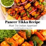 Plate of paneer tikka skewers garnished with red onions, mint, and lemon wedges, served with green chutney; text overlay reads Paneer Tikka Recipe, Must Try Indian Appetizer.