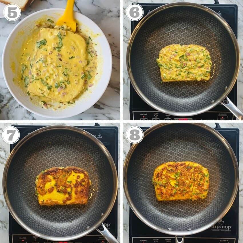 steps five through eight showing how to cook masala french toast 