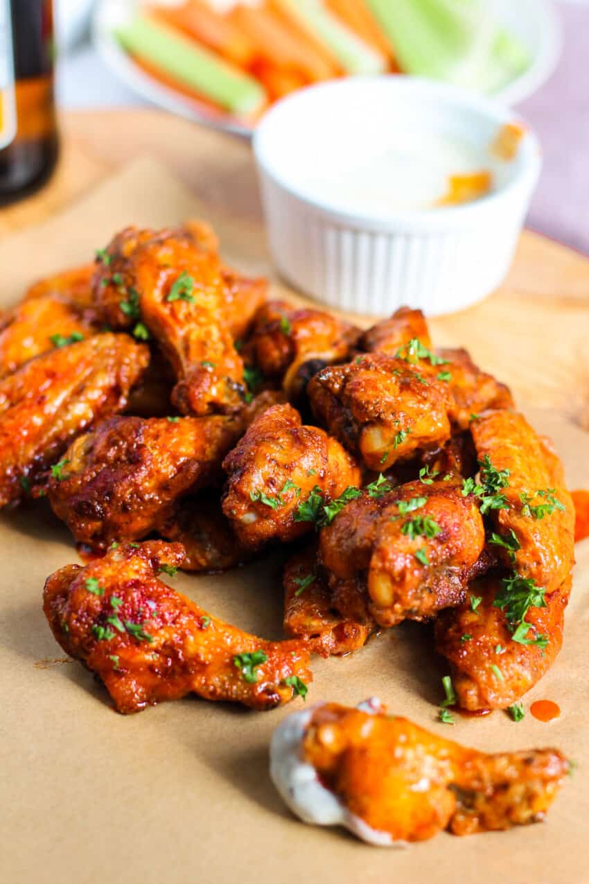 Buffalo chicken wings served with dip