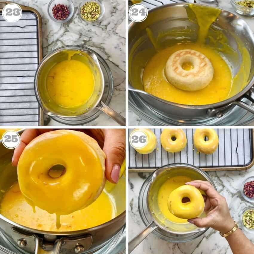 dipping donuts in glaze 