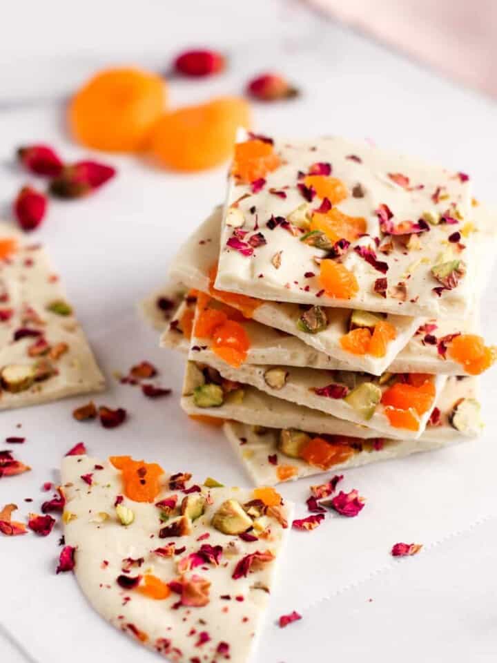 white chocolate bark with cardamom, pistachios, apricots and rose petals