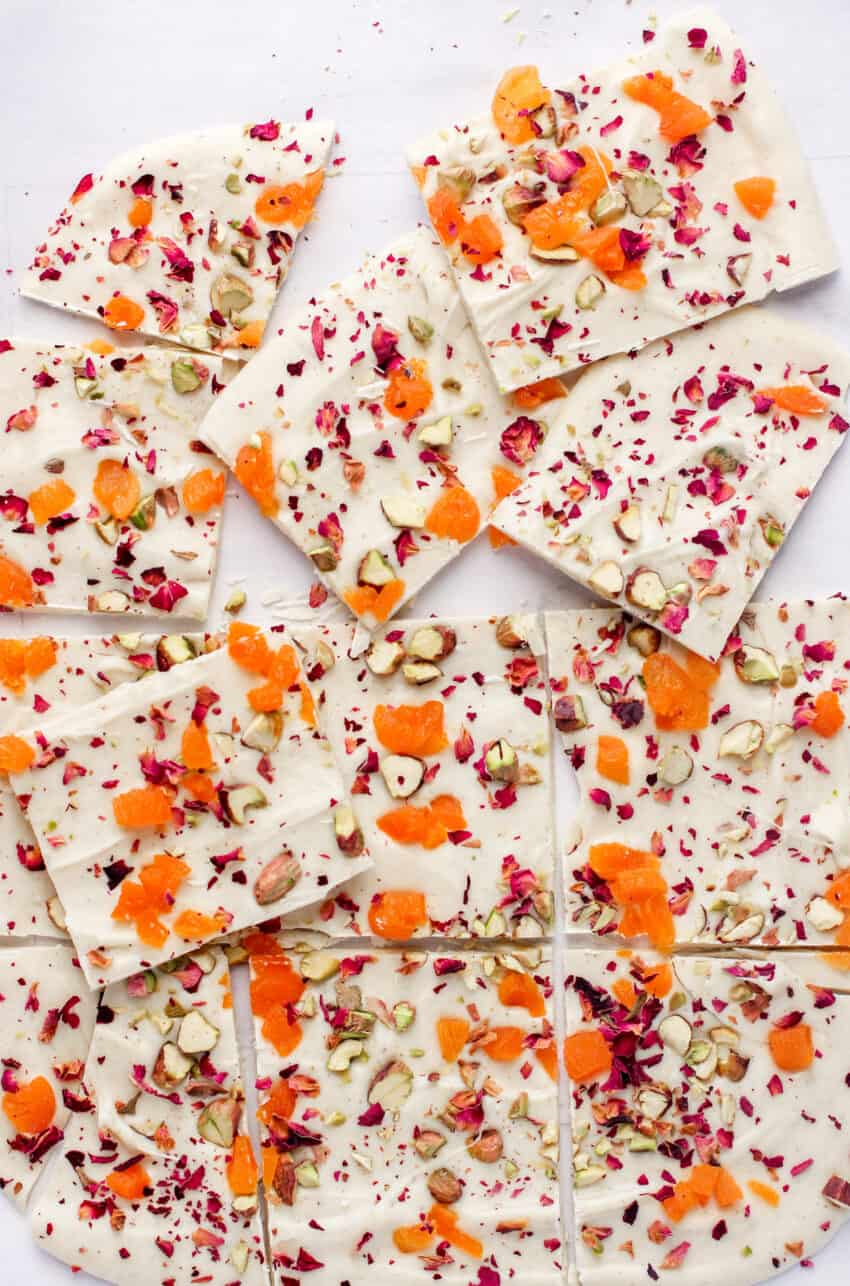 white chocolate bark with pistachios, apricots and rose petals 