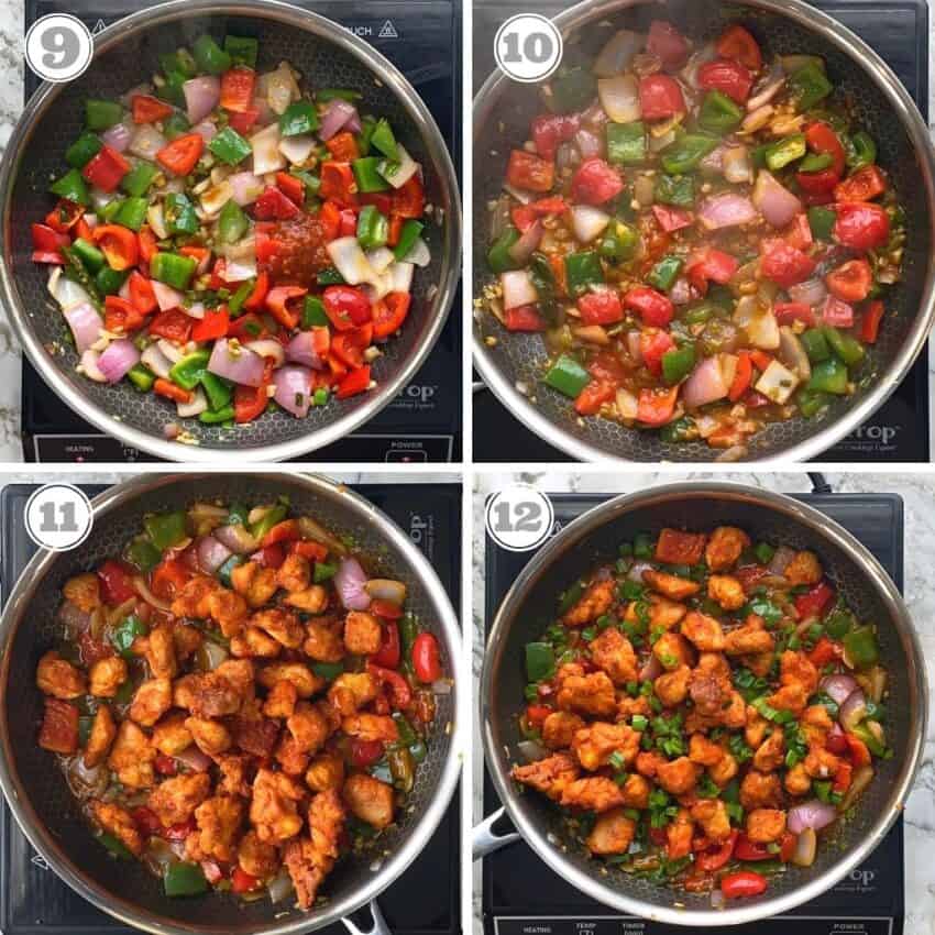 steps nine through twelve showing sautéed peppers and air fried chicken in a skillet 