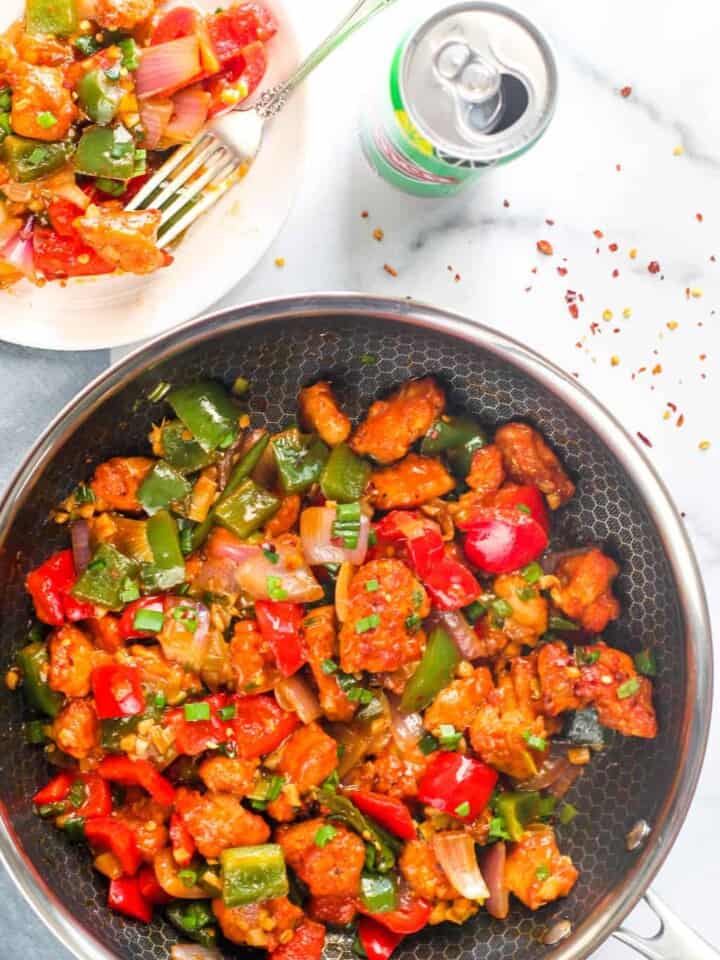 chilli chicken in a skillet