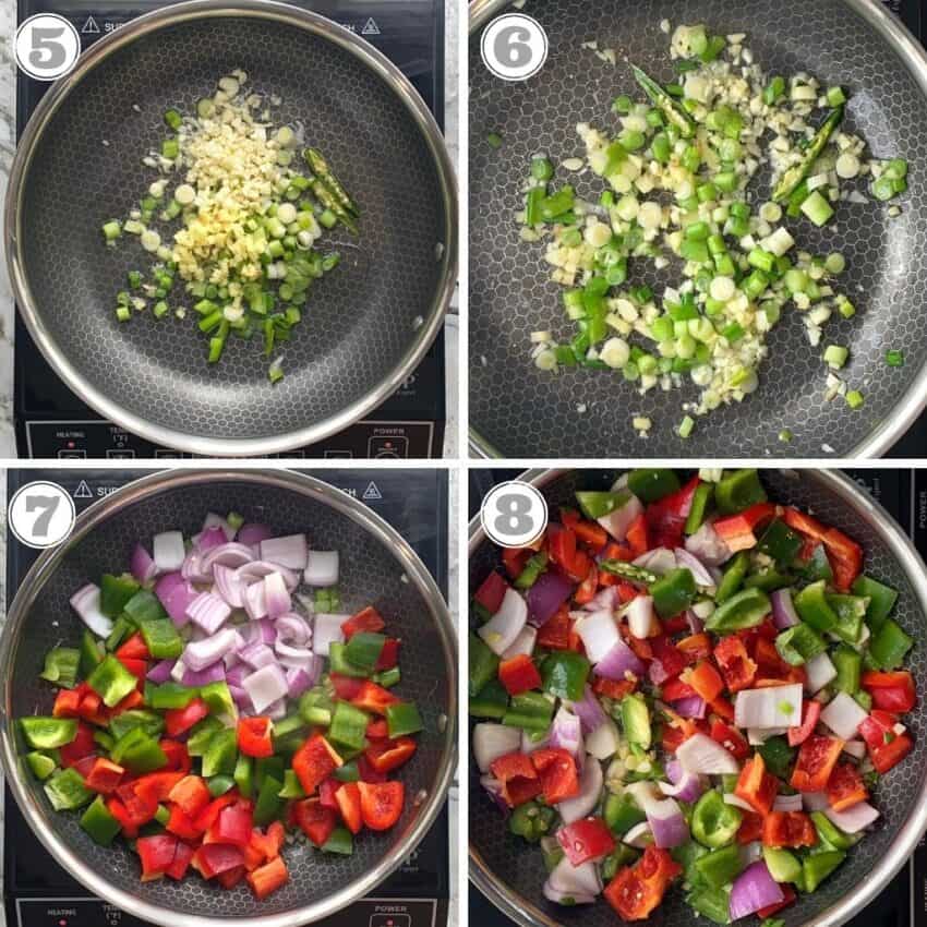 steps five through eight showing sautéing vegetables in a skillet 