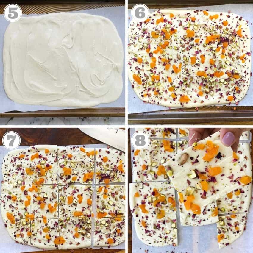 white chocolate spread on a baking sheet topped with pistachios, apricots and rose petals 