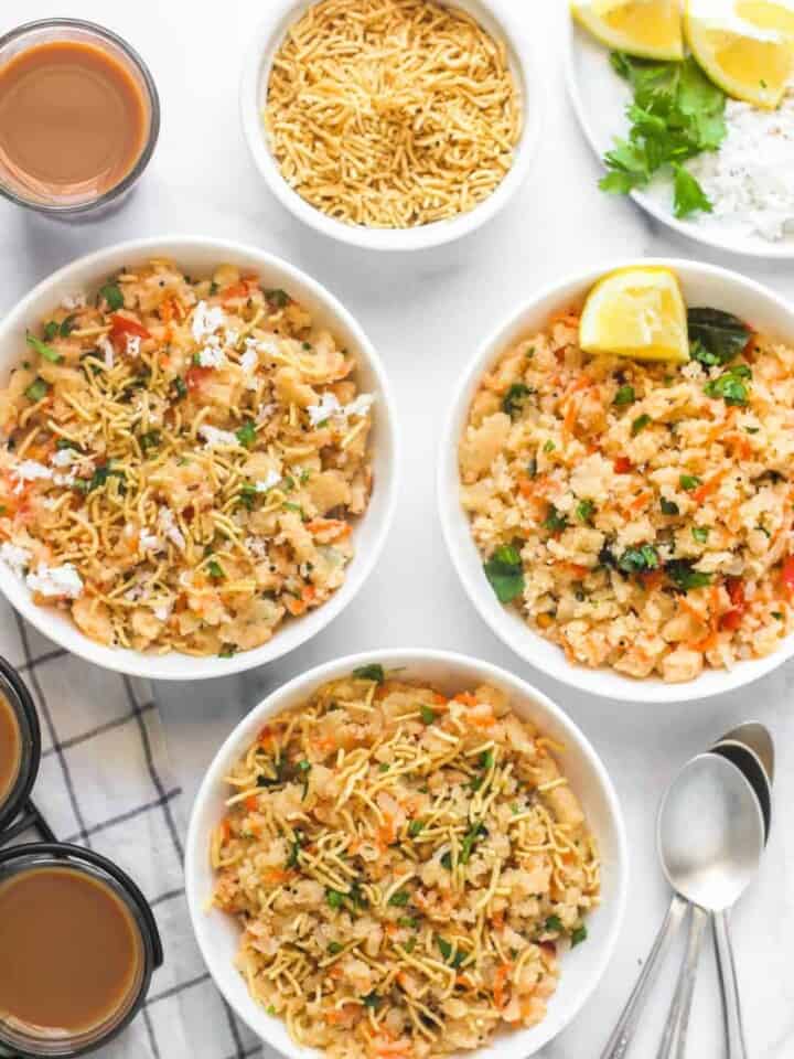 upma served in 3 white bowls