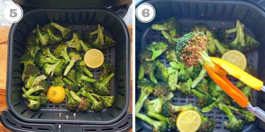 broccoli in air fryer basket  