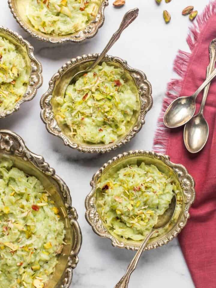 dudhi halwa served in 3 silver bowls