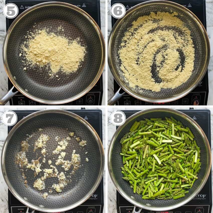 photos five through eight showing how to make asparagus stir fry