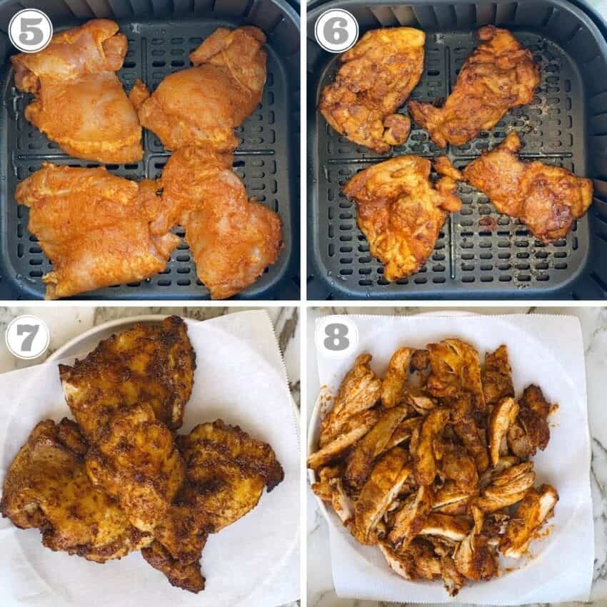 photos five through eight showing how to air fry marinated chicken 