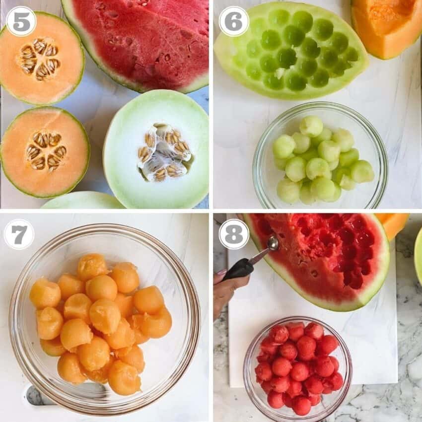 photos five through eight showing scooped melon balls 