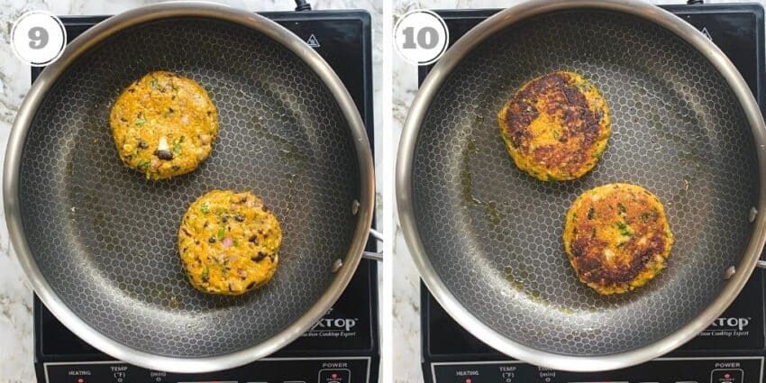 photos nine and ten cooking sweet potato and black bean burgers on a pan 