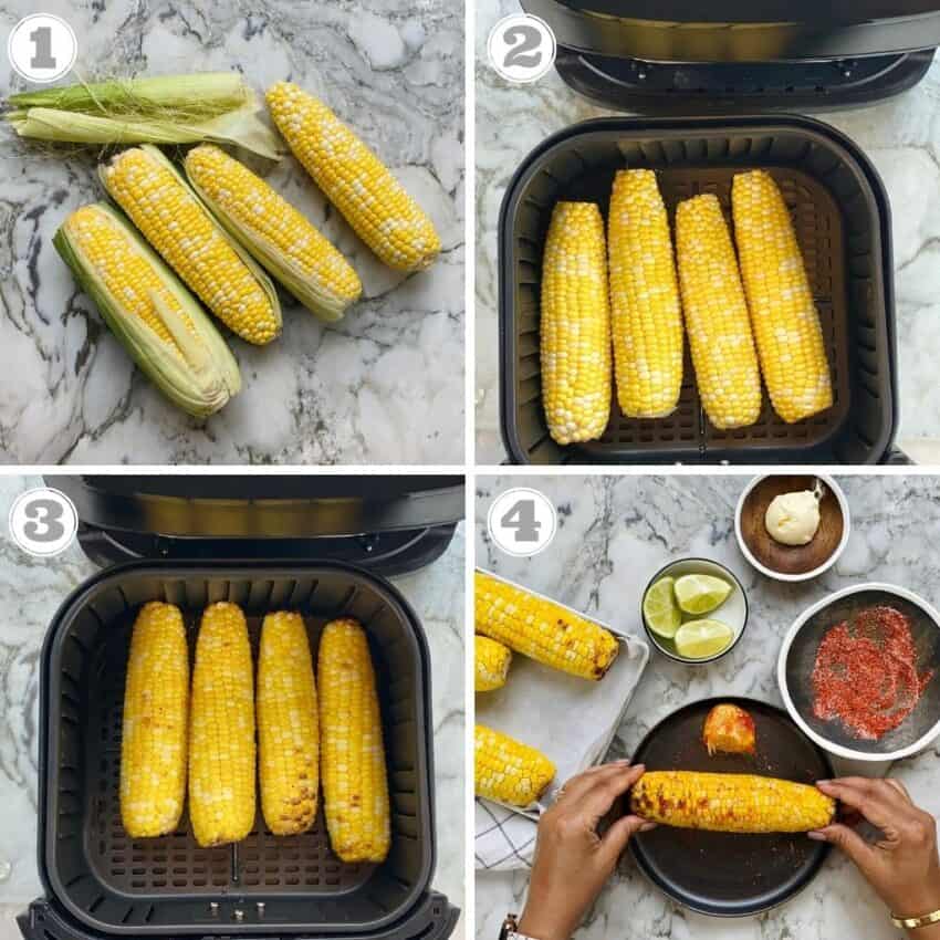 photos 1 through four showing how to cooking corn in the Air Fryer 
