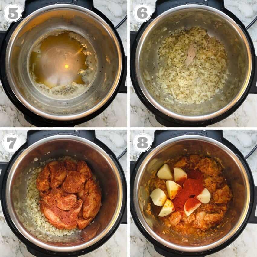 photos five through eight showing how to cook vindaloo in the Instant Pot