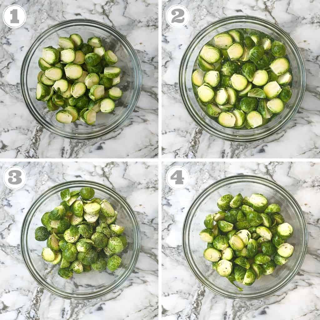 photos one through four showing how to prep brussels sprouts
