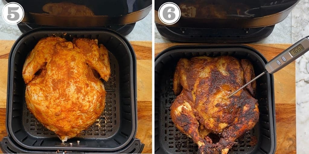 photos five and six showing whole chicken in air fryer basket 