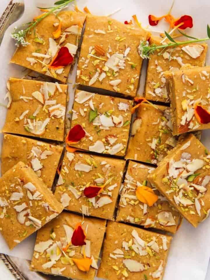 Besan Burfi in a silver platter