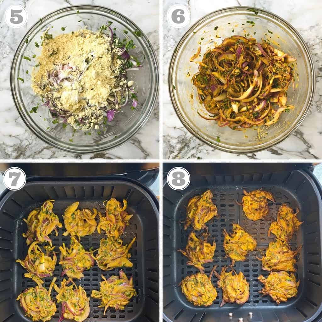 photos six through eight showing how to make onion fritters in air fryer 