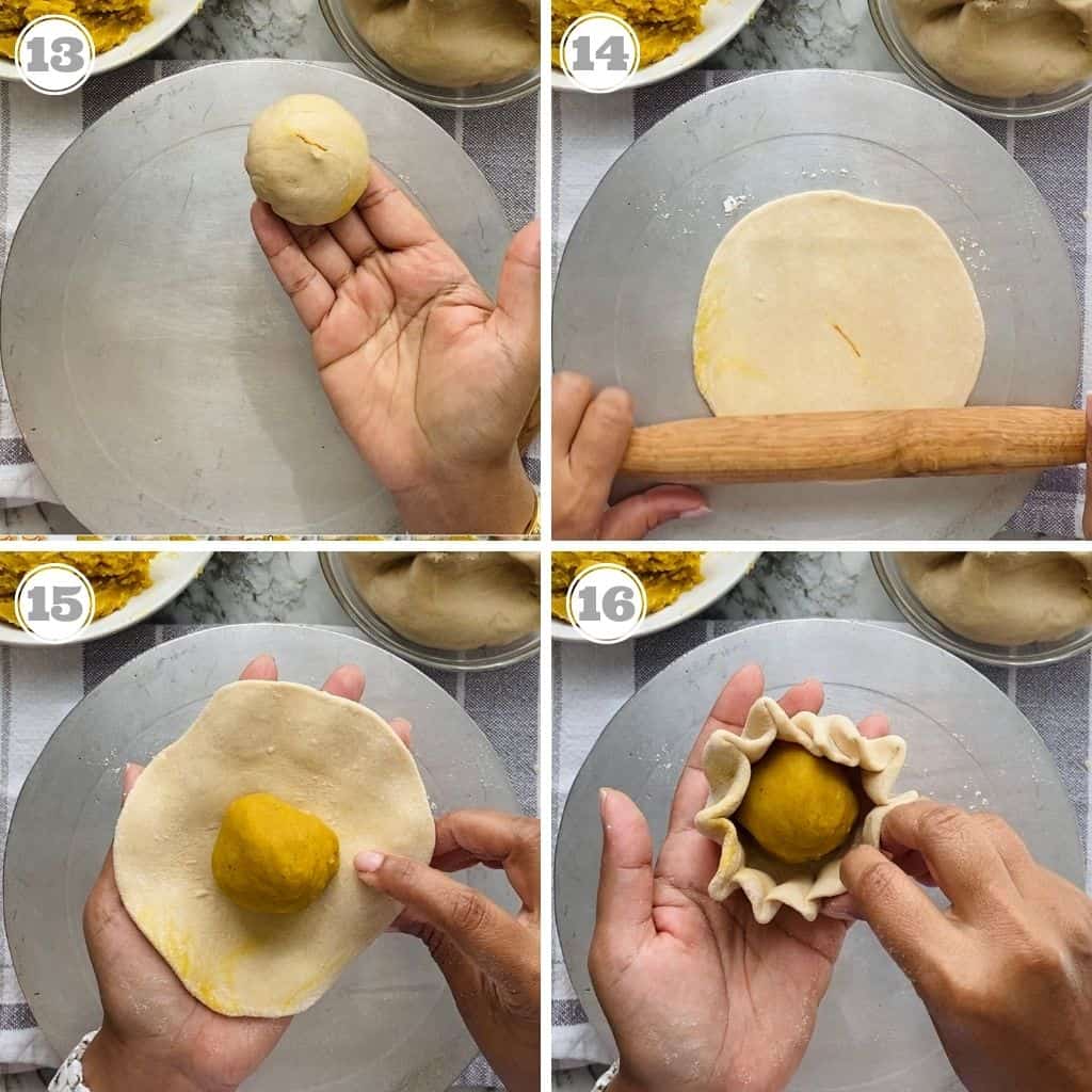 photos thirteen through sixteen showing how to stuff puran in the dough