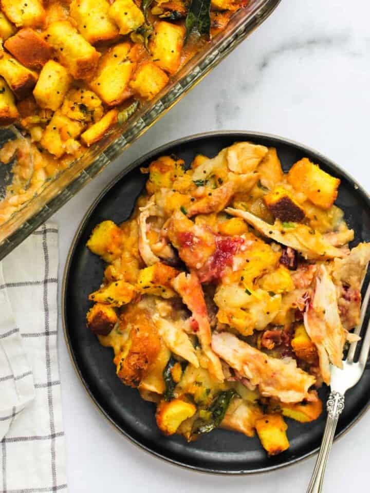 leftover casserole served in a black dish