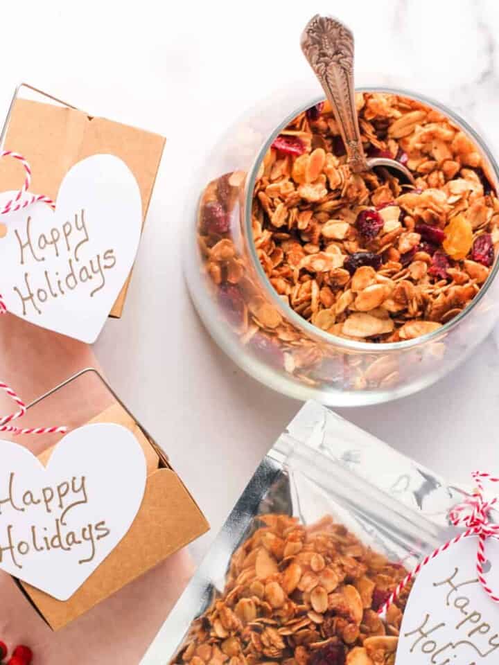 almond granola in holiday gift packages