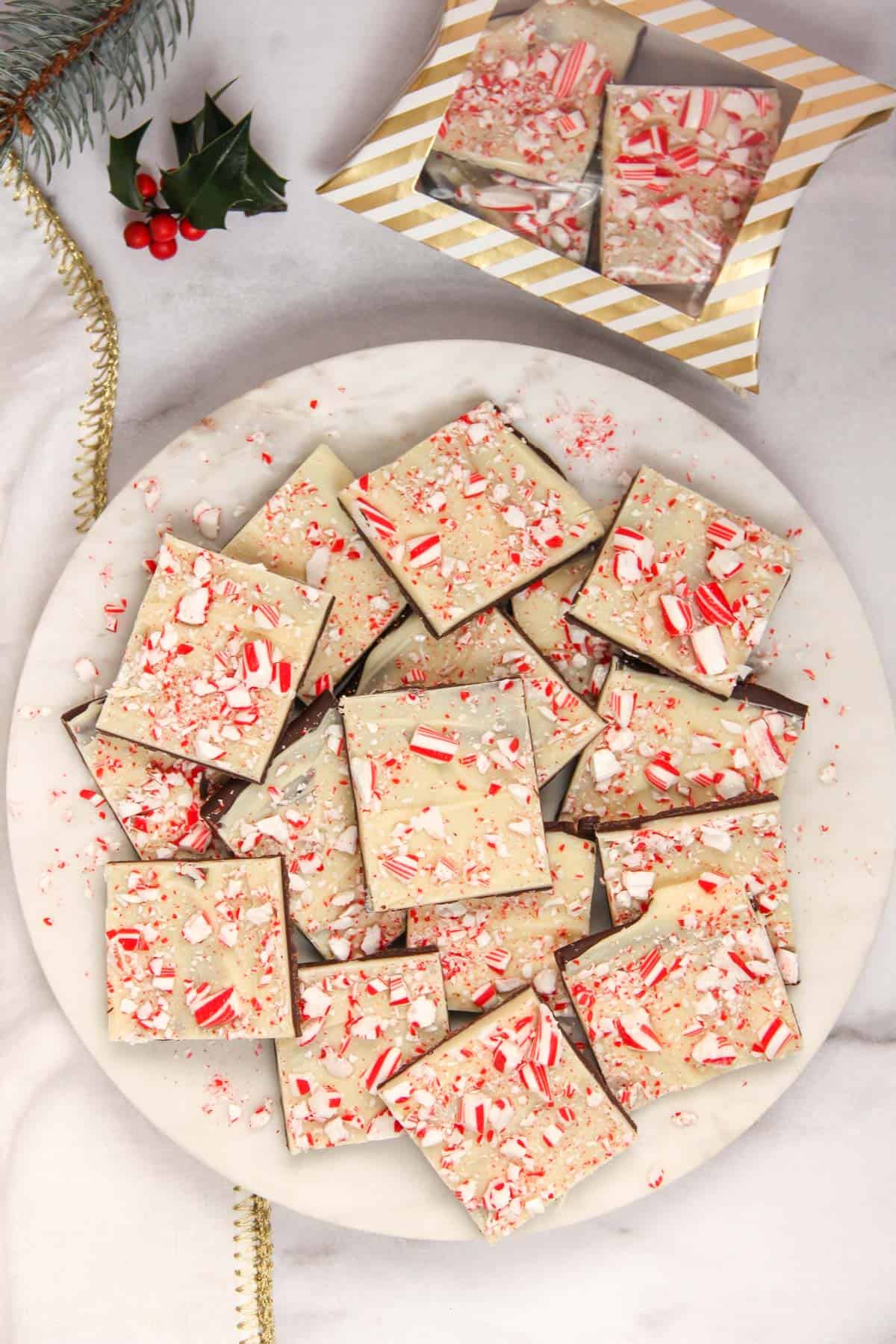 Chocolate Peppermint Bark in a white plate 